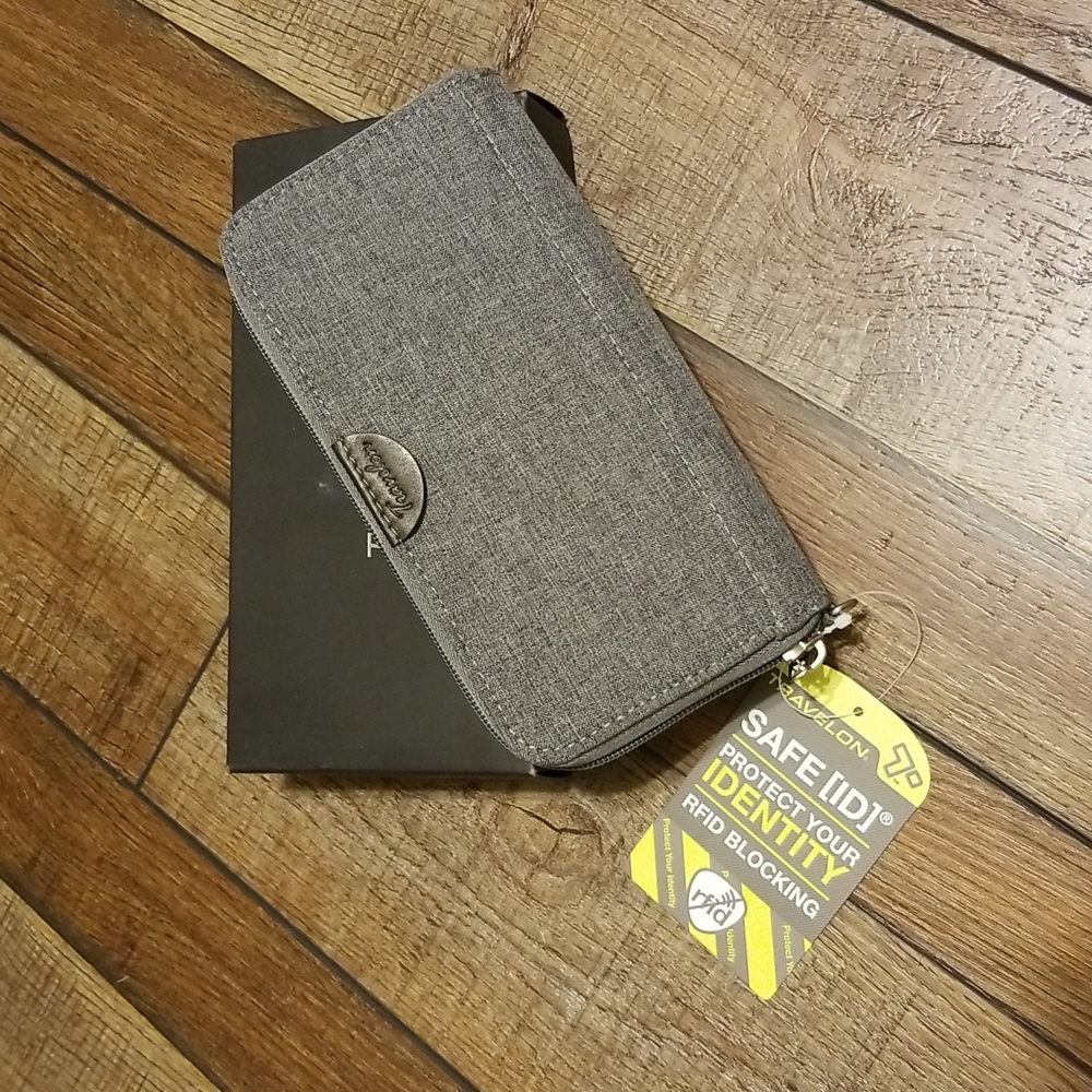 Travelon RFID blocking wallet identity protector gray teal pockets wristlet